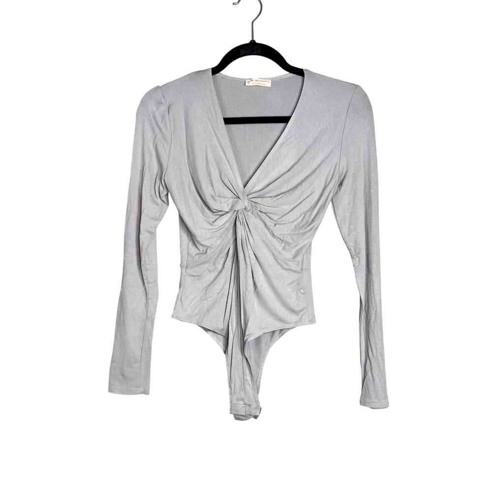 FP Movement Bodysuit Silver Twist Front V-Neck Long Sleeve NEW